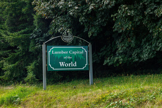 Green Lumber Capital of the World sign, the reverse side of the city limit marker, framed by dense forest and roadside grass.