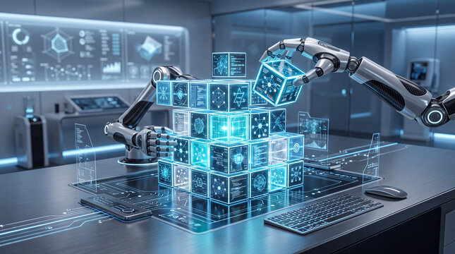 Advanced robotic arm assembling glowing data cubes in a modern laboratory, representing artificial intelligence and big data processing, digital transformation, and futuristic technology solutions