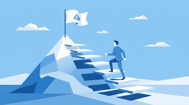 Businessman Climbing Stairs to Flag on Mountain Peak