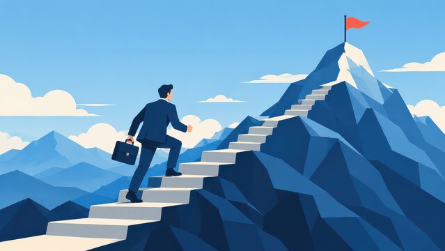 Businessman Climbing Stairs to Flag on Mountain Peak