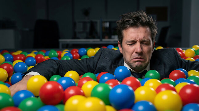 Stressed executive struggles with work, life, and balance, overwhelmed and crying in a colorful office ball pit.