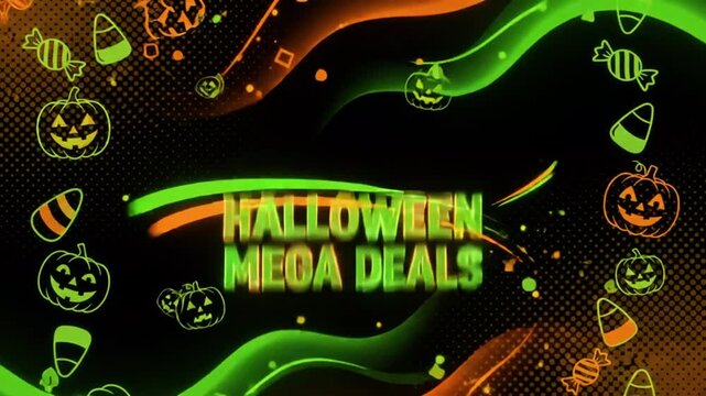 Halloween mega deals text animation with glowing pumpkin icons and abstract flowing neon wave lines on a black background for holiday marketing