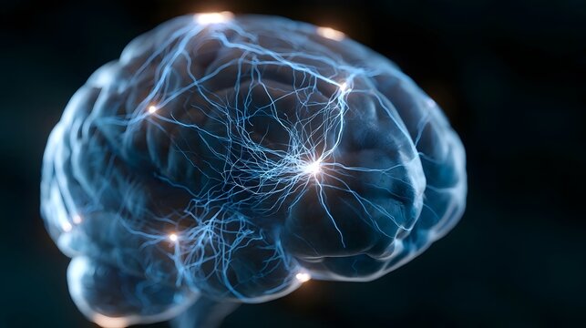 A glowing brain with intricate neural pathways and luminous nodes  symbolizing cognitive activity and advanced neuroscience visualization