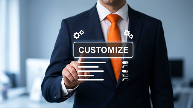 Businessman interacting with a virtual customize interface and settings menu