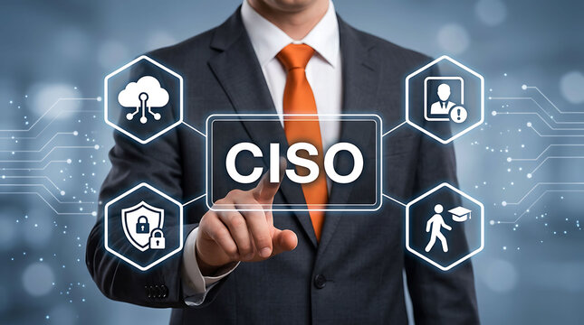 Corporate executive touching digital screen with CISO security icons and cloud data