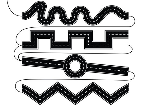 Set of four different road shapes including wavy, zigzag, square, and circular roundabout paths