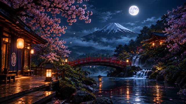 Fantasy Japanese Village at Night, Enchanted Traditional Village Concept Art and Digital Illustration