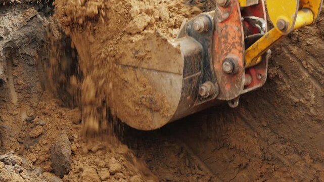 Excavator bucket digs into muddy earth creating a trench on construction site.