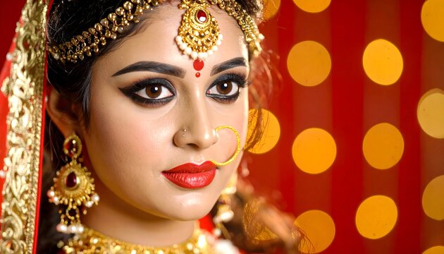 Goddess Durga Close Up Portrait with Golden Crown, Traditional Jewelry and Red Bindi &ndash; Navratri Festival