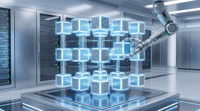 Robotic arm assembling glowing blue cubes in a futuristic data center server room, digital transformation, network connection, innovation, technology concept