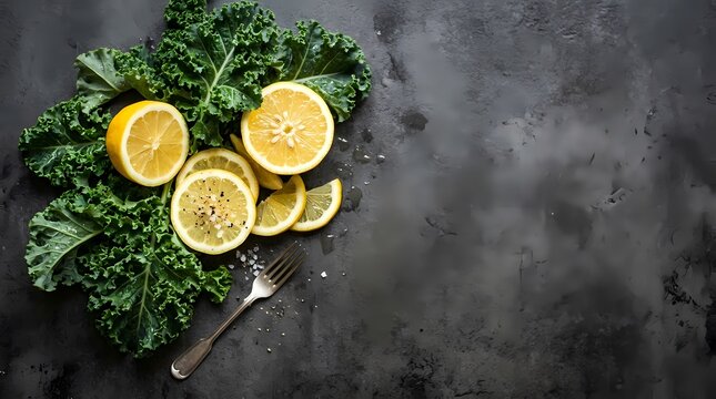 Fresh kale leaves and juicy lemon slices, healthy food flat lay on dark stone background