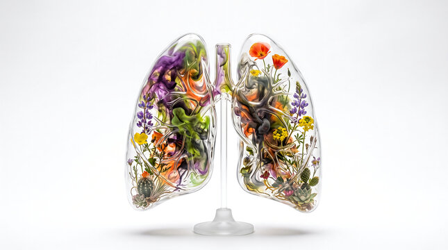 Surreal human lungs model made of clear glass filled with colorful ink and diverse blooming flowers for sustainable healthcare and eco medical biology.