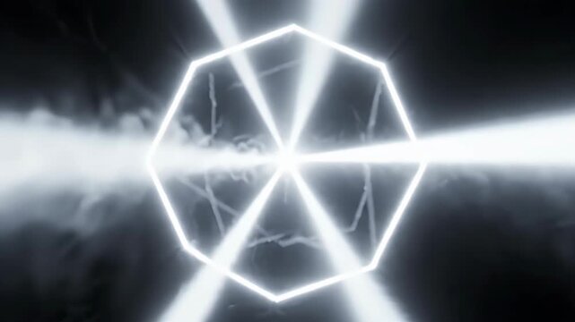 Bright light beams converge in abstract geometric pattern