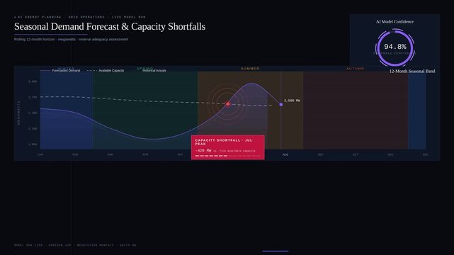 A sophisticated AI energy planning dashboard showcasing seasonal demand forecasts and capacity shortfalls with vibrant animated charts and a dark mode interface.
