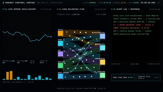 Energy control center dashboard visualizing demand spikes and dynamic load balancing with oscilloscope, Sankey flow, and alert log elements in a dark, high-tech environment.