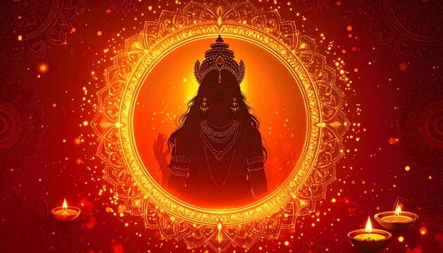 Navratri Goddess Durga Silhouette with Glowing Golden Halo and Diyas &ndash; Divine Festival Background