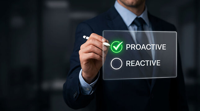 Businessman selecting proactive strategy on futuristic digital glass interface