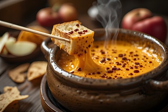 artisanal bread cube on a fondue  being lifted out of a ceramic fondue pot