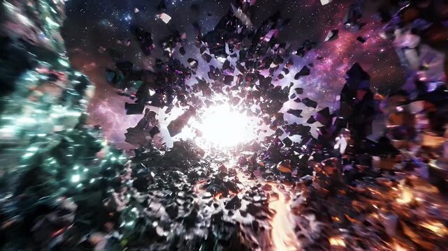 Camera glides through abstract cosmic dimensional rift with explosions of light