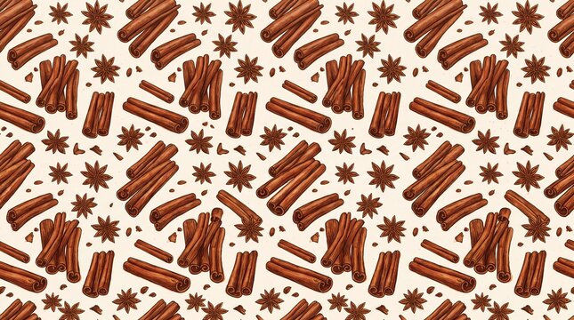 Hand Drawn Seamless Pattern Featuring Cinnamon Sticks and Star Anise Spices on a Warm Light Beige Background