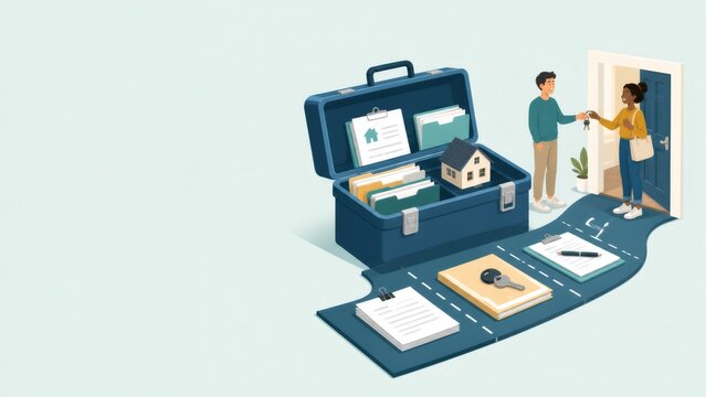 Renter documentation, property sublet agreement, and key custody handoff process illustration