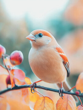 Small bird with an orange head perched on an autumn branch, surrounded by golden leaves and red berries, against a vibrant, soft background