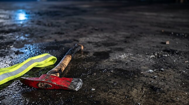 Fire axe and reflective safety vest lying on a wet dark industrial floor with copy space