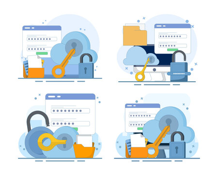 Cloud protection set, secure server storage, data authentication, login password, passkey security, digital file protection, and private cloud computing concept for web templates