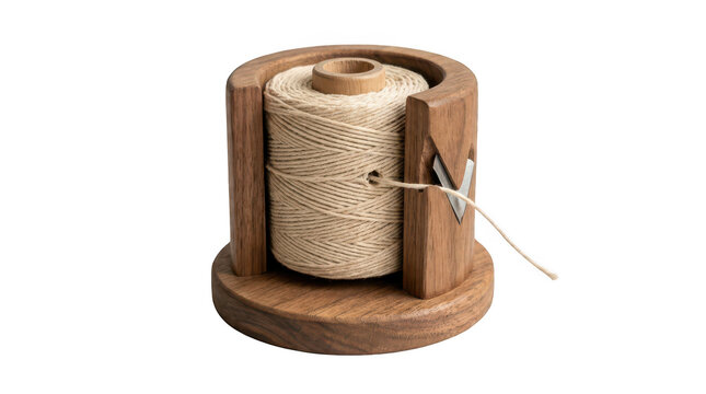 A wooden twine dispenser with a spool of natural cotton string on a white background transparent background