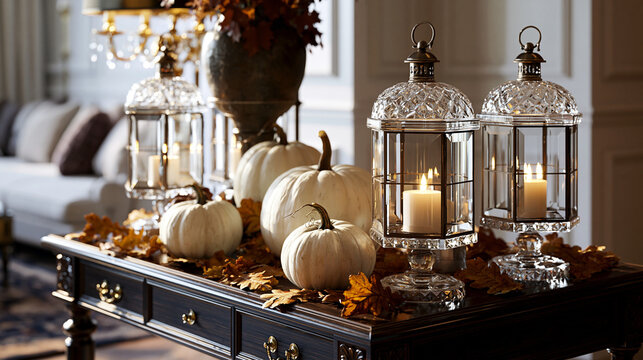 Elegant white pumpkins and glowing crystal lanterns arranged gracefully on a dark wooden console table inside a luxurious living room interior
