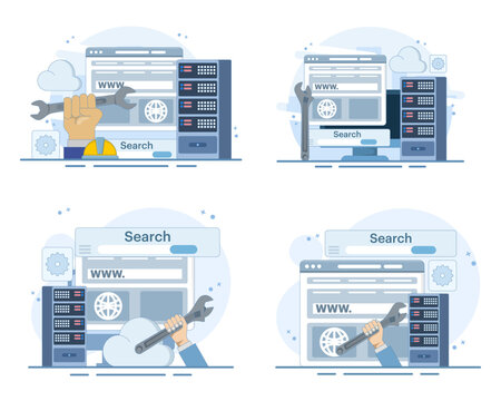 Website maintenance set, server repair, domain management, web development, technical support, hosting services, and digital technology solutions in flat vector style