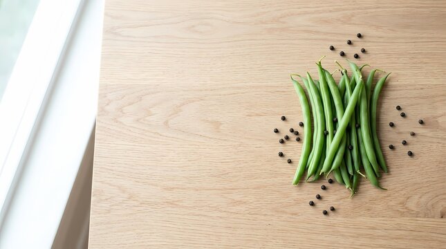 Fresh green beans, raw string beans with black peppercorns on wooden table, cooking recipe
