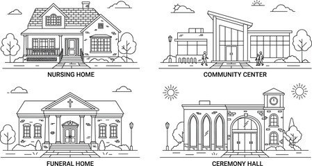 Obraz premium Public Building Architecture Line Art Vector Set with Nursing Home Community Center Funeral Home and Ceremony Hall Infrastructure Outlines