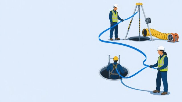 Workers managing confined space entry operations, ensuring safety with rescue tripod, ventilation, and lifeline procedures