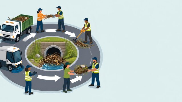 Civic maintenance workers cleaning culvert debris blockage, ensuring proper water flow and infrastructure upkeep