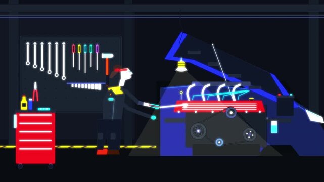 Pixel art mechanic fixing car engine in dark garage animation