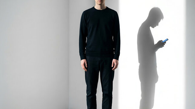 Man Standing Composed While His Shadow is Engrossed in a Smartphone, Illustrating Digital Distraction