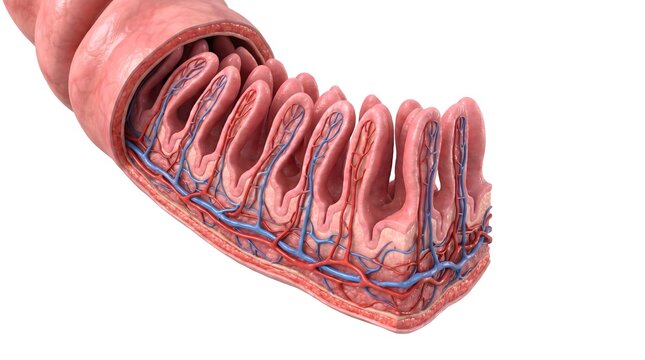 Detailed 3D rendering of the small intestine villi and microvilli for medical and educational purposes.