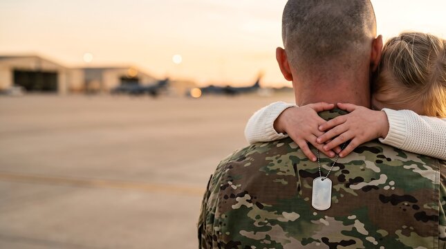 Military father in uniform hugging his young daughter at an airfield with sunset lighting