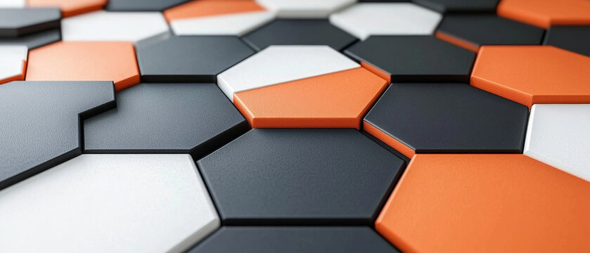 Textured interlocking orange, black, and white hexagonal tiles creating a modern geometric pattern with subtle depth