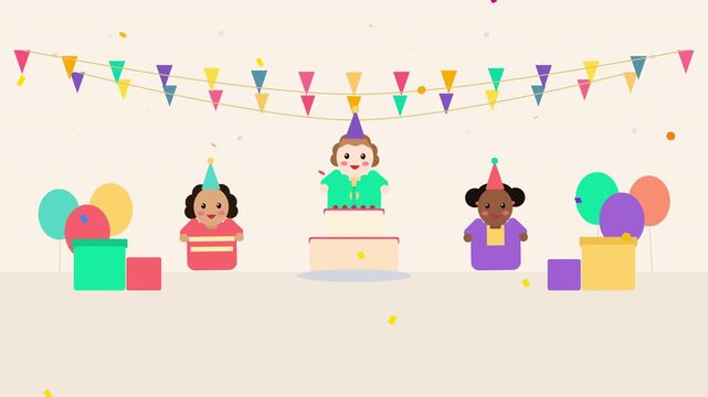 Pixel art birthday animation with cake, balloons, confetti and kids