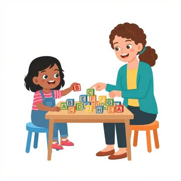 Teacher and kid playing with alphabet blocks illustration
