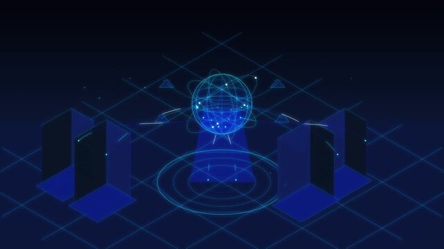 Digital sphere hud animation with isometric grid and glowing blue data