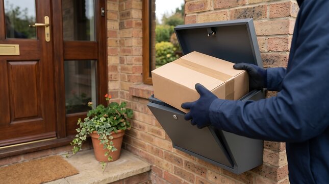 Courier delivering a cardboard parcel into a wall mounted mailbox at a residential front door