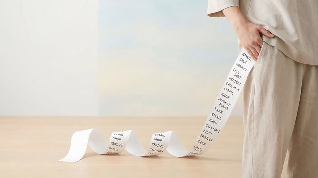 Person reveals an overwhelming, seemingly endless to-do list unrolling from a pocket, symbolizing busy modern lifestyle 