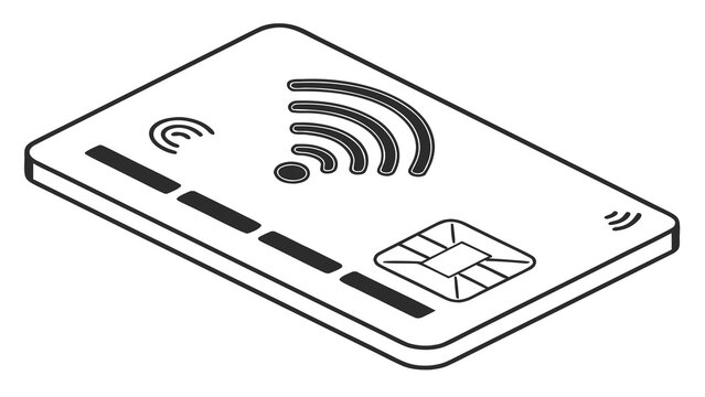 Single isolated contactless payment vector icon, modern payment card with three clean wireless signal curves, precise geometric proportions, minimal fintech design, flat vector style, smooth edges.