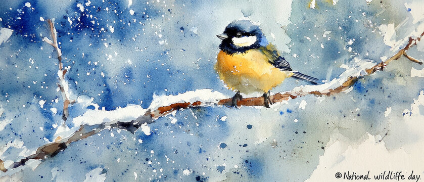 Watercolor painting of a yellow and blue bird perched on a snowy branch amidst falling snowflakes against a winter blue backdrop