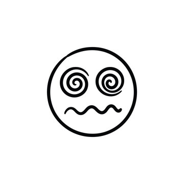 Black dizzy emoticon face. Spiral eyes and wavy mouth graphic element.