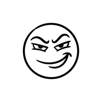 Black smirking emoticon face. Arched eyebrows and mischievous smile graphic.