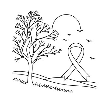 Black outline hope landscape concept featuring support ribbon with tree and sun arc on white background